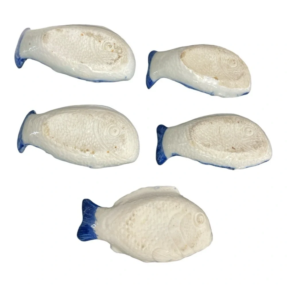 Antique Meiji Japanese Blue White Imari Fish Brush Washers Set of 5 c1890